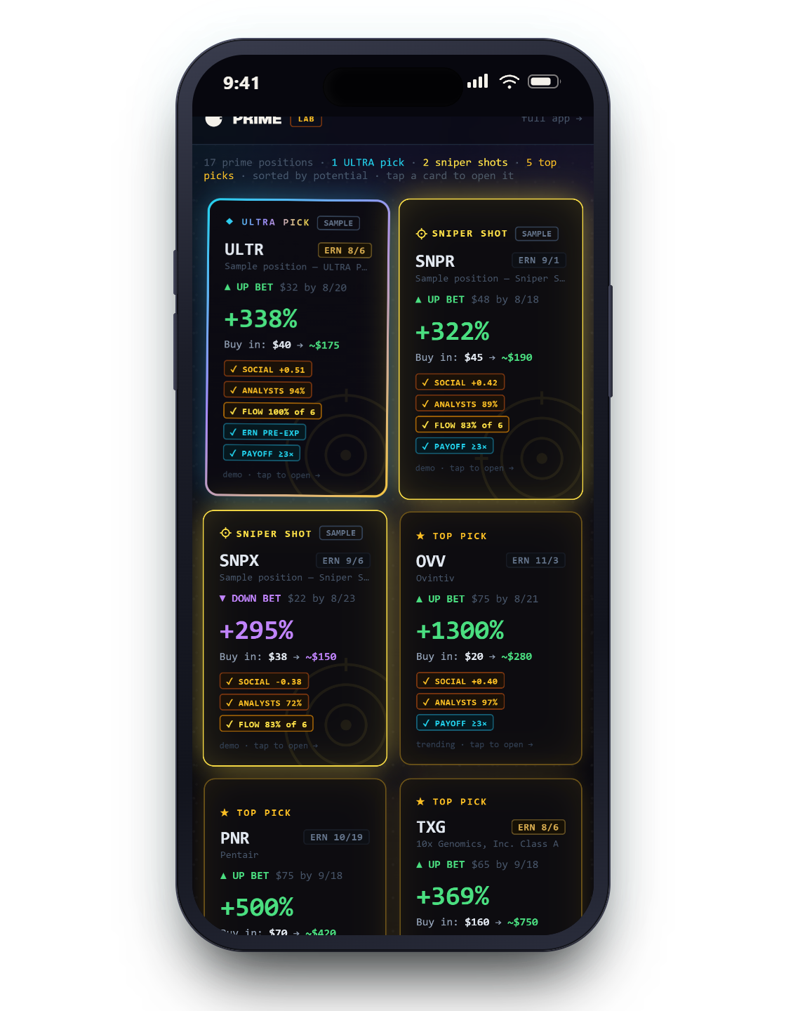 The Prime Lab on a phone: every live prime position as a card with ticker, buy-in and profit potential, the rarest grades outlined in gold and prismatic borders